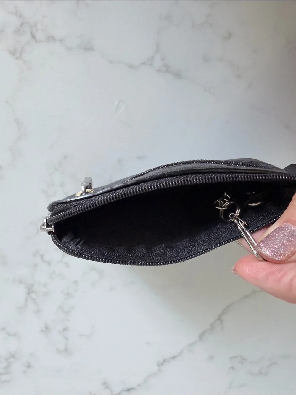 Leather Zip Coin Pouch Key Holder  - Black